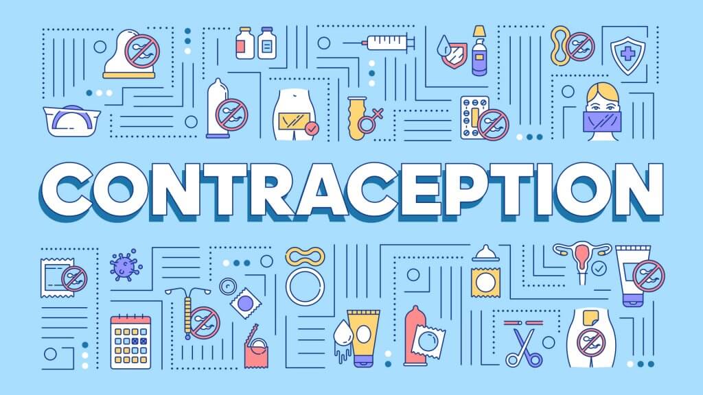 Blue background with word art saying "contraception" and small animated images of types of contraception