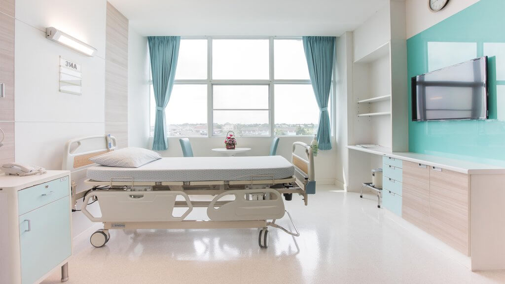 Hospital patient room interior. Everything is clean and not used