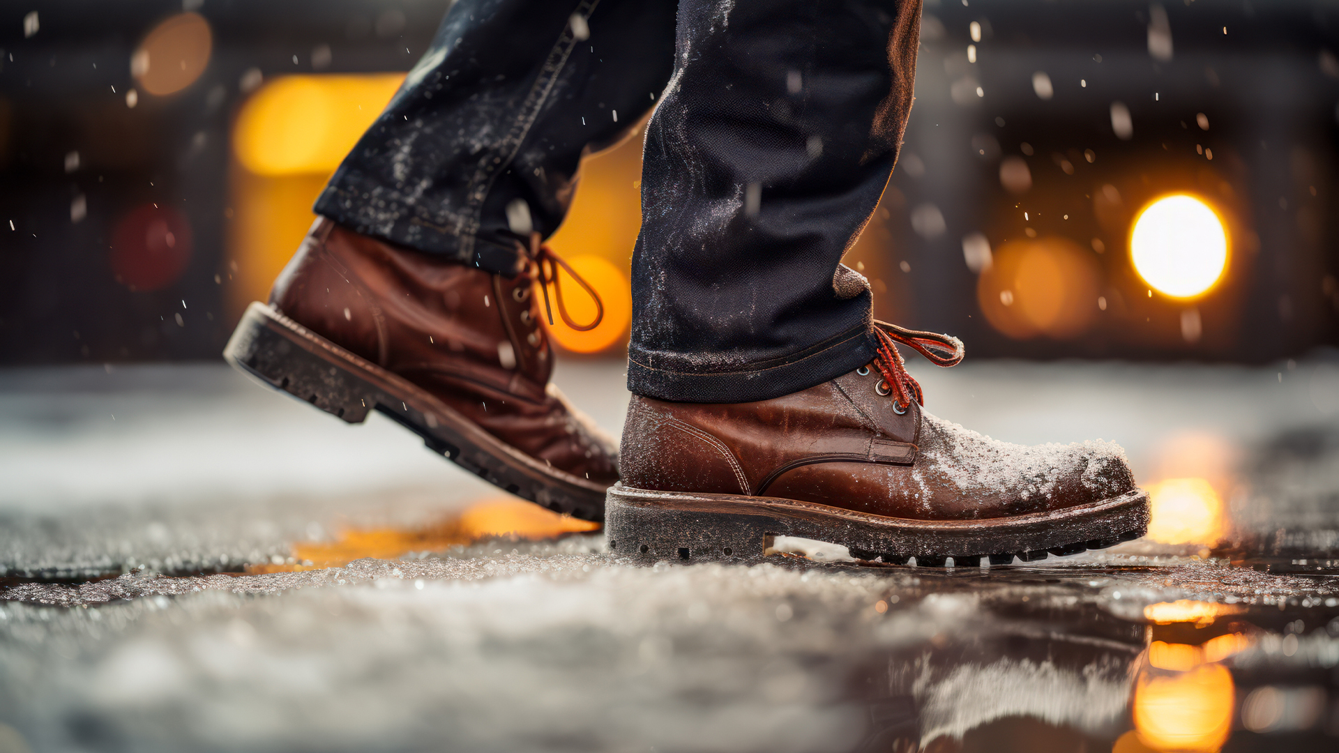 Close-up of a man's shoes walking in snowy street, side view