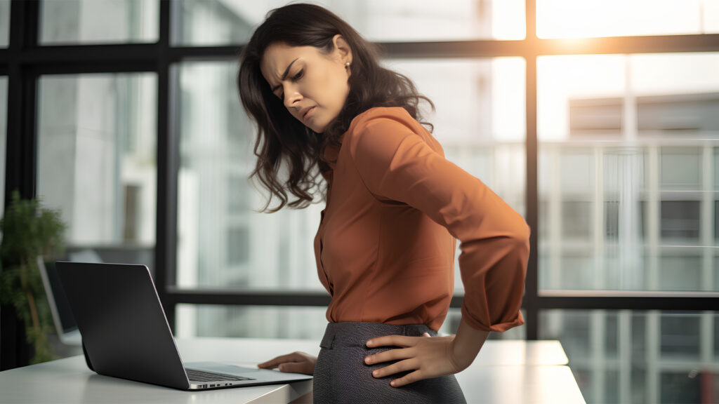 A professional businesswoman grimaces in discomfort, clutching her lower back with one hand while sitting at her office desk