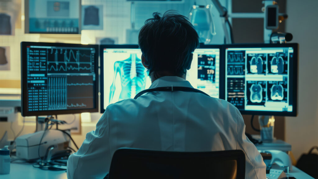 Doctor working in his office and looking at the computer screen with an interface with human body